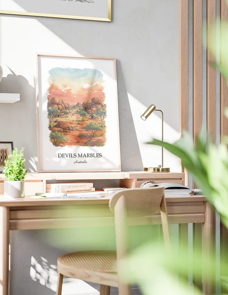 A lovely interior preview showcasing a vintage-vibe travel poster design of the scenic Devils Marbles in Australia.