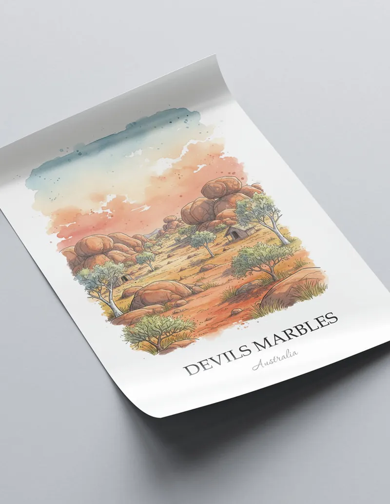 Framed wall art featuring Devils Marbles, Australia in a light wood frame hanging above a sofa in a modern living room.