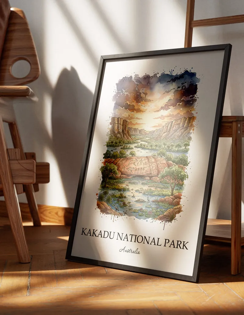A gorgeous boho-inspired living space with a framed vintage travel poster of Kakadu National Park in Australia on display.