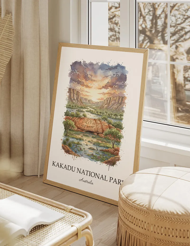 A clean and modern mockup showing a framed Kakadu National Park, Australia print on a minimalist background.