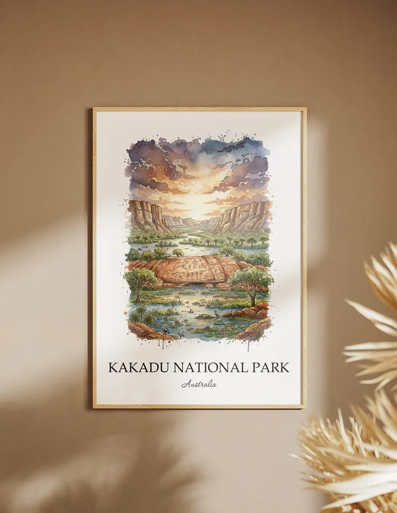 Minimalist poster of Kakadu National Park in Australia in a light frame standing by a window in a boho style room.