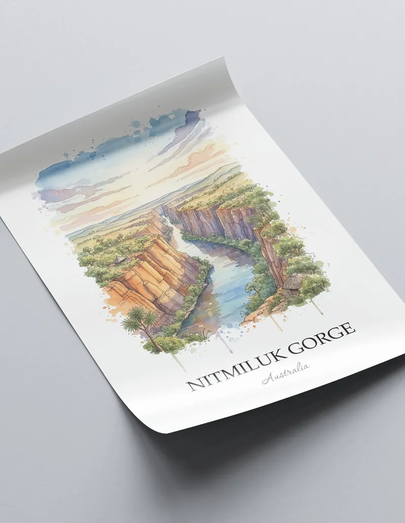 Framed wall art featuring Nitmiluk Gorge, Australia in a light wood frame hanging above a sofa in a modern living room.