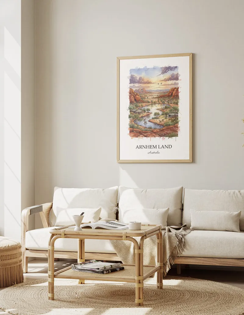 A close-up of a high-quality paper print featuring the Arnhem Land in Australia minimalist design.