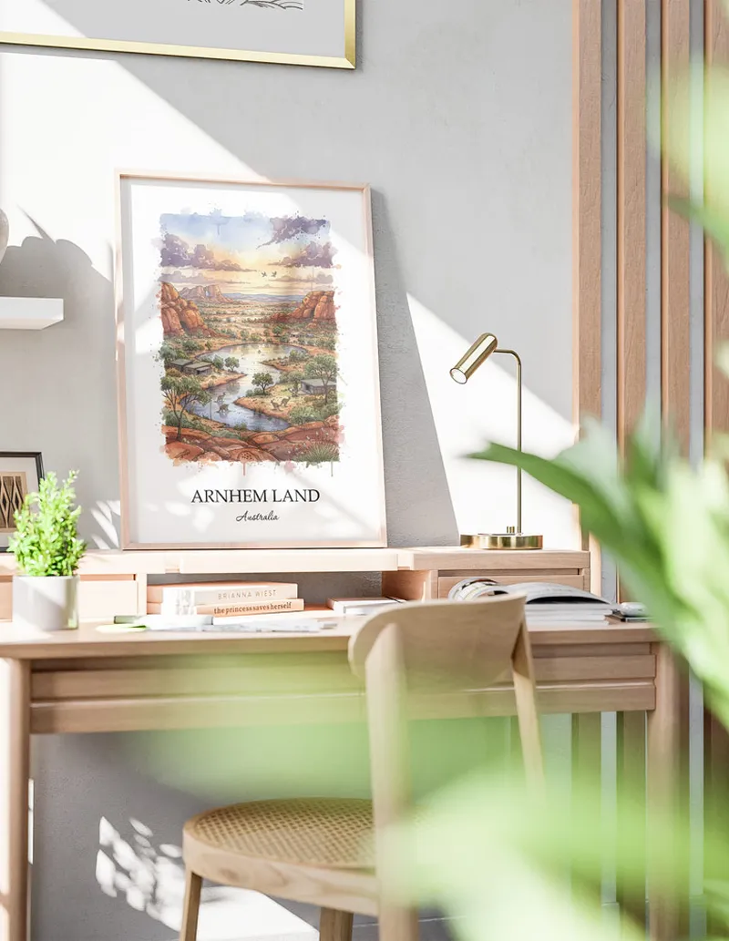 A lovely interior preview showcasing a vintage-vibe travel poster design of the scenic Arnhem Land in Australia.