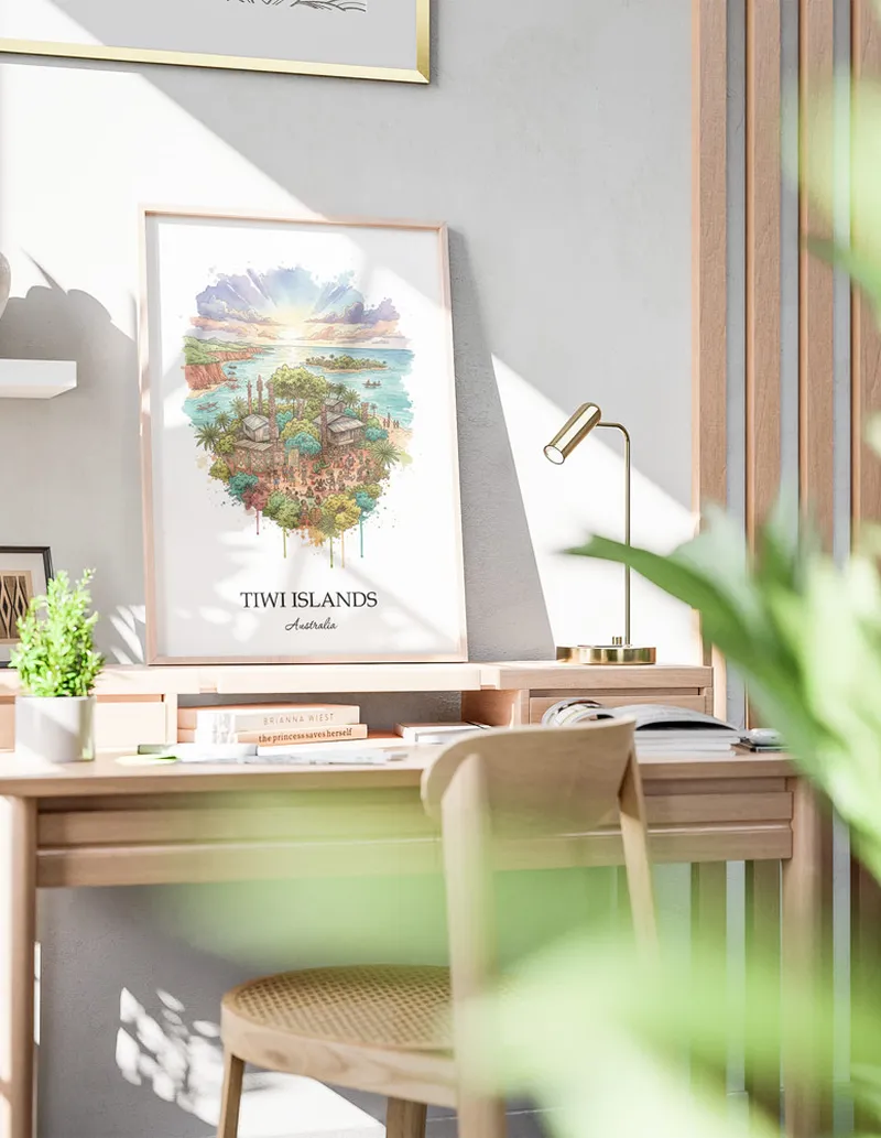 A lovely interior preview showcasing a vintage-vibe travel poster design of the scenic Tiwi Islands in Australia.