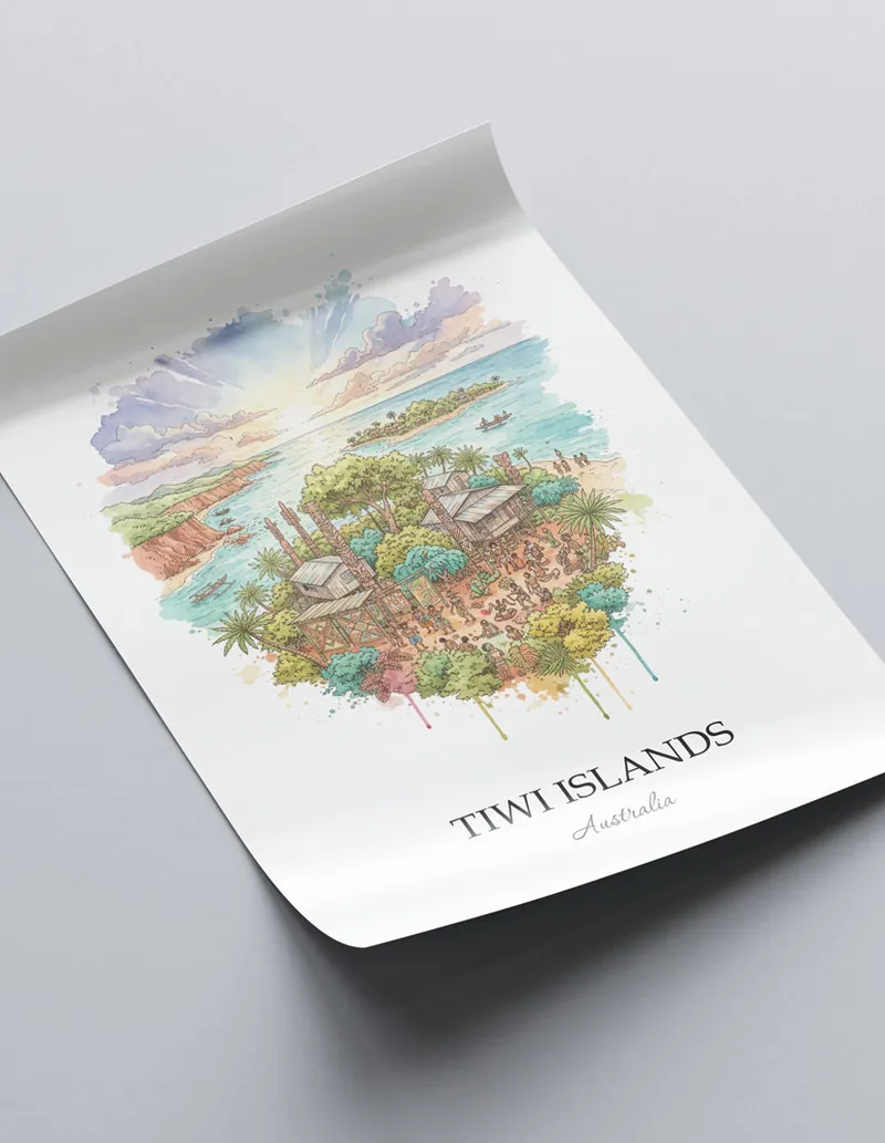 Framed wall art featuring Tiwi Islands, Australia in a light wood frame hanging above a sofa in a modern living room.