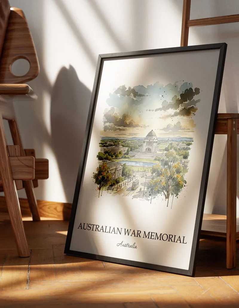 A gorgeous boho-inspired living space with a framed vintage travel poster of Australian War Memorial in Australia on display.