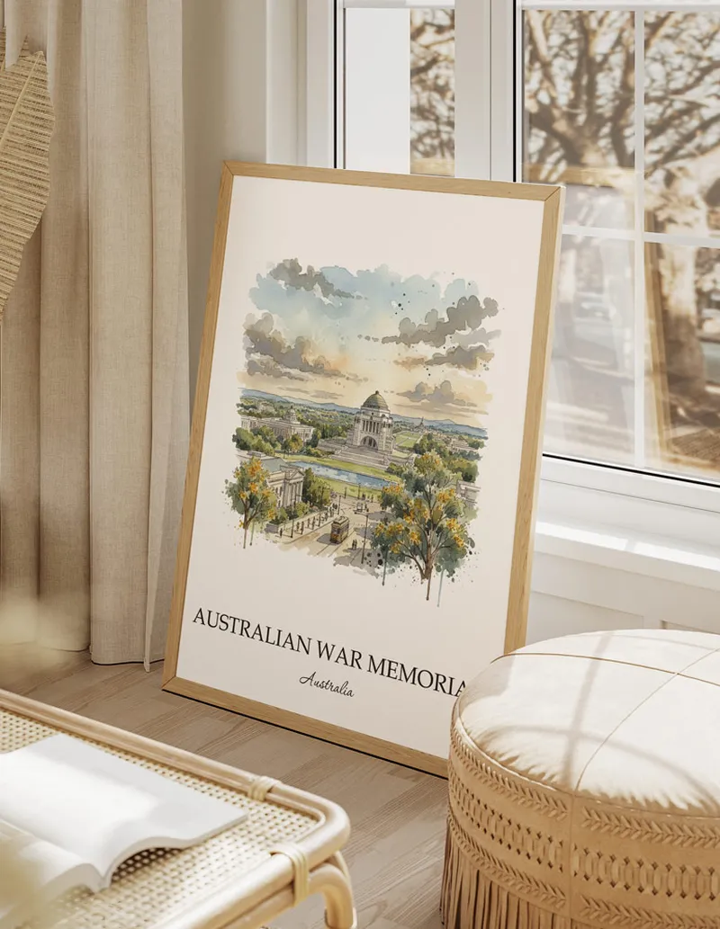 A clean and modern mockup showing a framed Australian War Memorial, Australia print on a minimalist background.