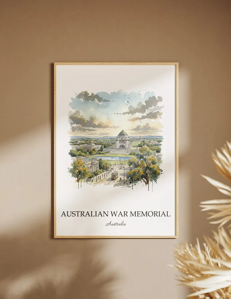 Minimalist poster of Australian War Memorial in Australia in a light frame standing by a window in a boho style room.