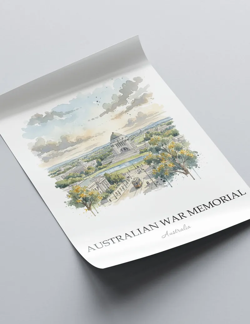 Framed wall art featuring Australian War Memorial, Australia in a light wood frame hanging above a sofa in a modern living room.