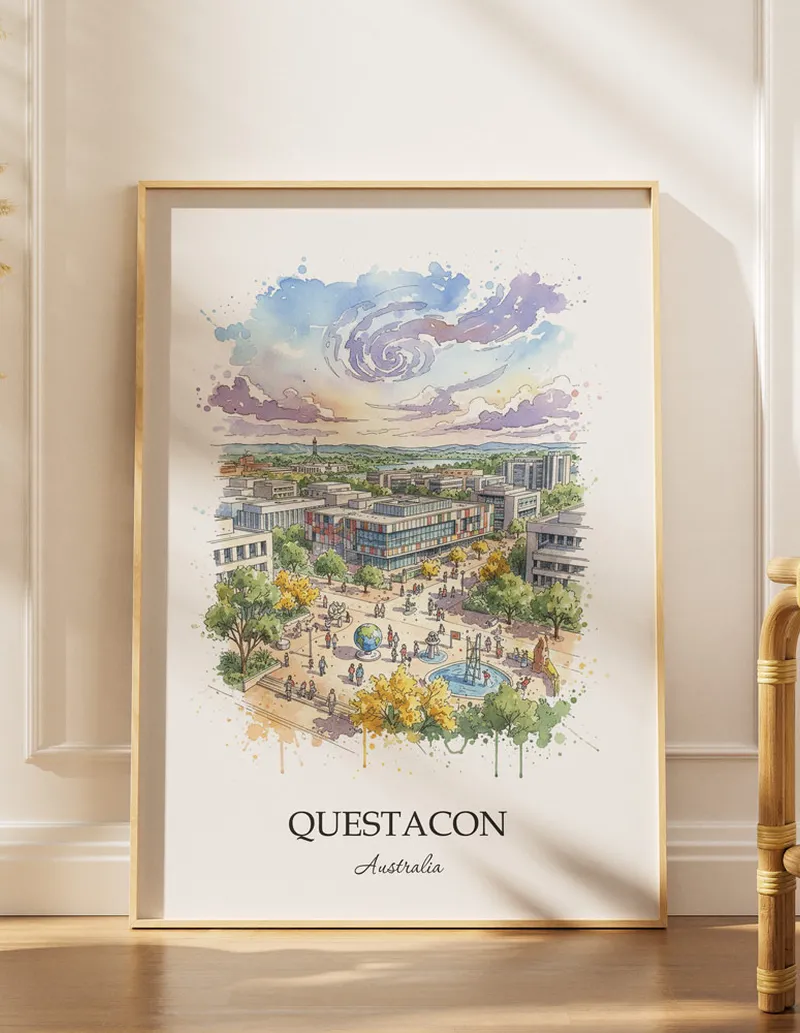 Vintage travel poster of Questacon, Australia in a light frame displayed above a sofa in a bright boho interior.