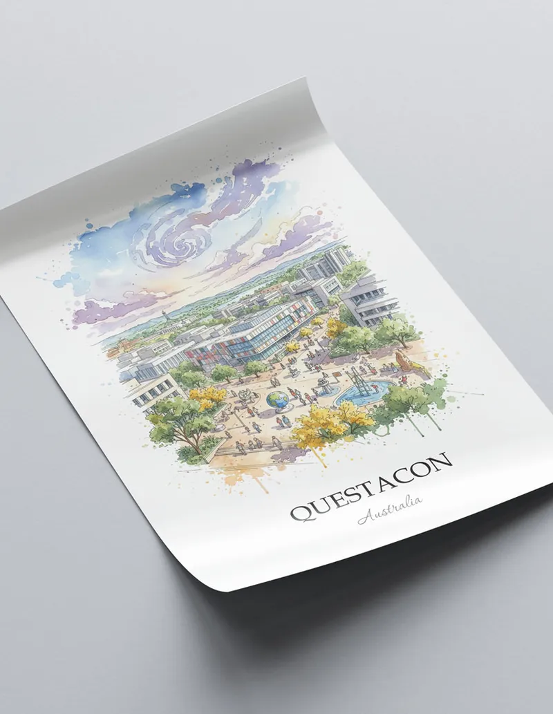 Framed wall art featuring Questacon, Australia in a light wood frame hanging above a sofa in a modern living room.