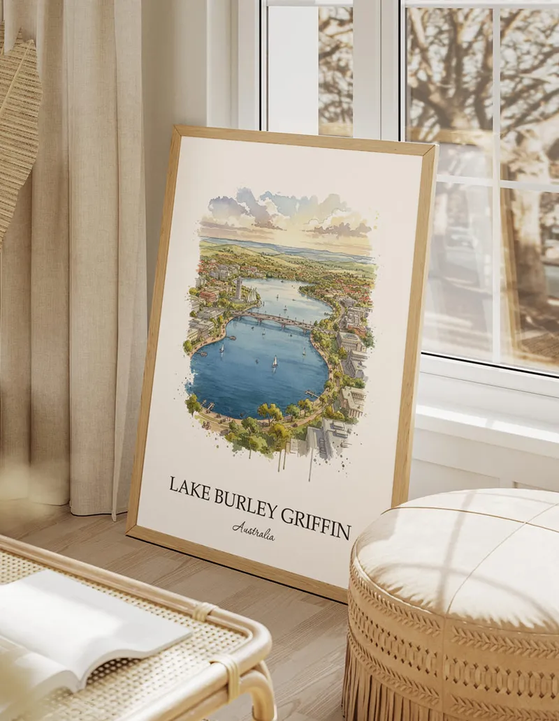A clean and modern mockup showing a framed Lake Burley Griffin, Australia print on a minimalist background.