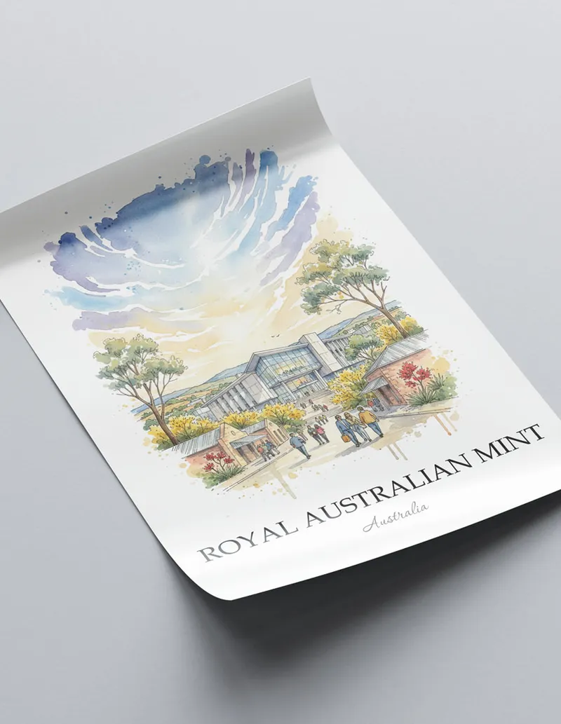 Vintage travel poster of Royal Australian Mint, Australia in a light frame displayed above a sofa in a bright boho interior.