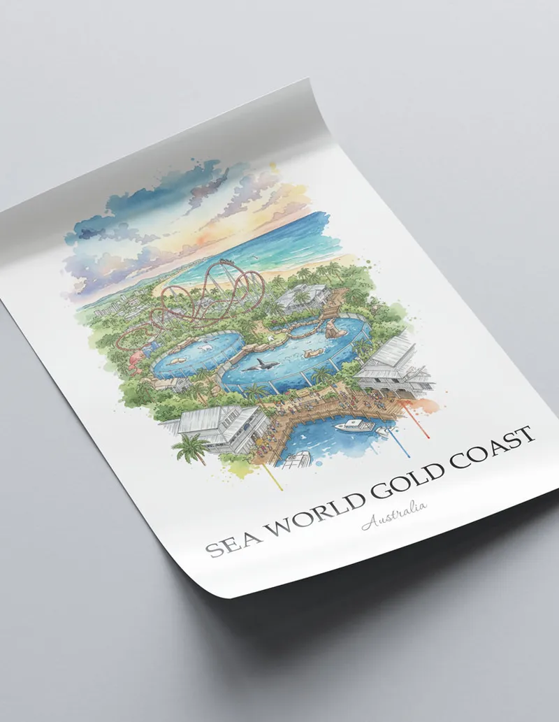Vintage travel poster of Sea World Gold Coast, Australia in a light frame displayed above a sofa in a bright boho interior.