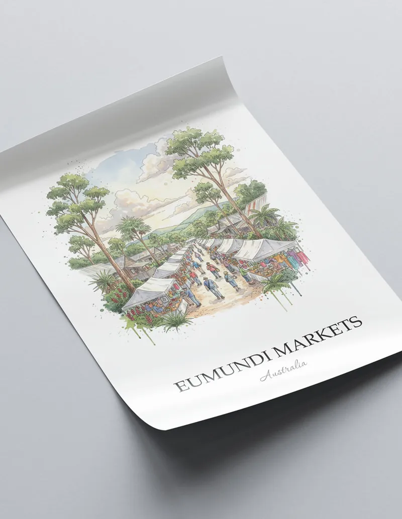 Vintage travel poster of Eumundi Markets, Australia in a light frame displayed above a sofa in a bright boho interior.