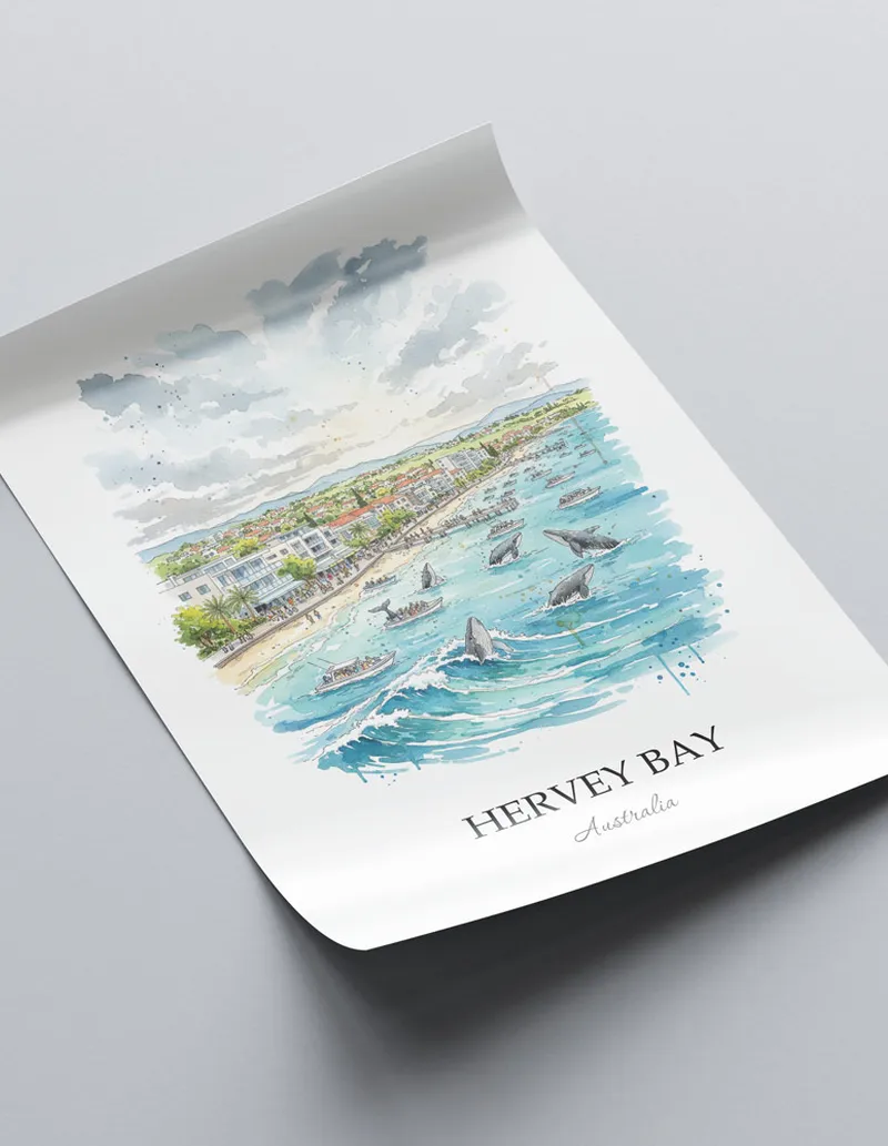 Vintage travel poster of Hervey Bay, Australia in a light frame displayed above a sofa in a bright boho interior.