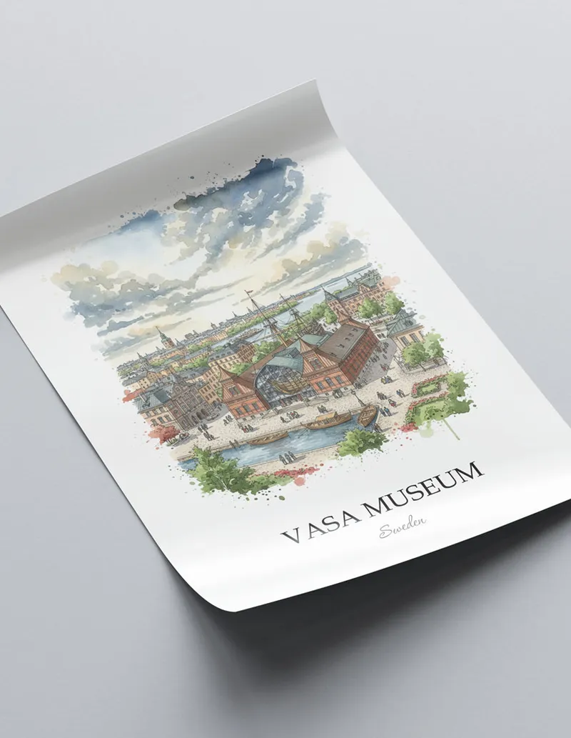 A close-up of a high-quality paper print featuring the Vasa Museum in Sweden minimalist design.