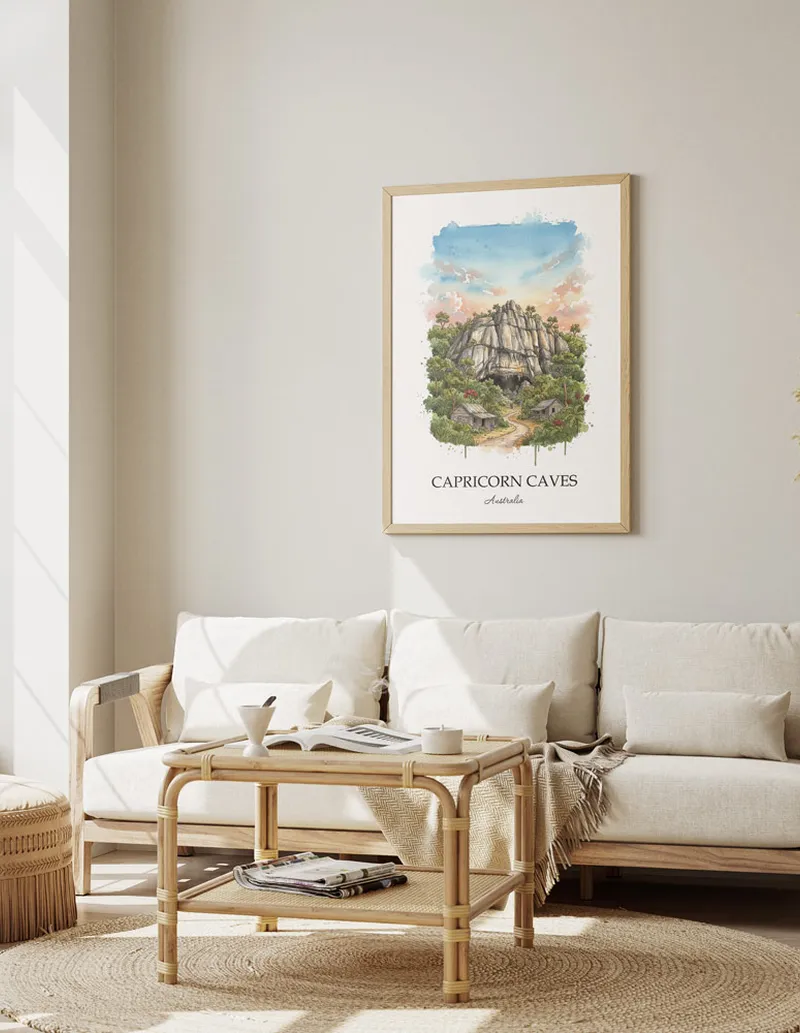 Framed wall art featuring Capricorn Caves in Australia in a light wood frame leaning on the floor.