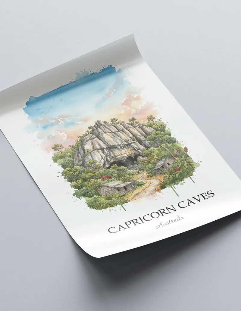 Vintage travel poster of Capricorn Caves, Australia in a light frame displayed above a sofa in a bright boho interior.
