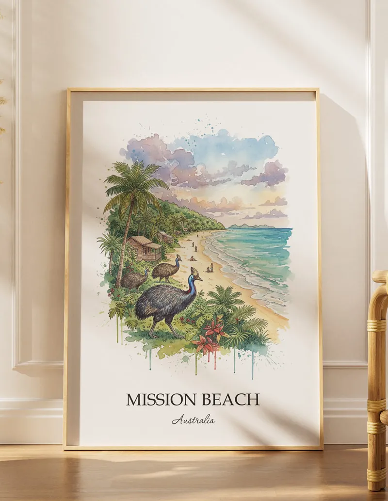 A gorgeous boho-inspired living space with a framed vintage travel poster of Mission Beach in Australia on display.