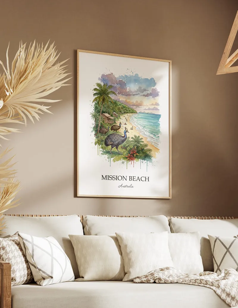Minimalist poster of Mission Beach in Australia in a light frame standing on the floor in a dark moody interior.