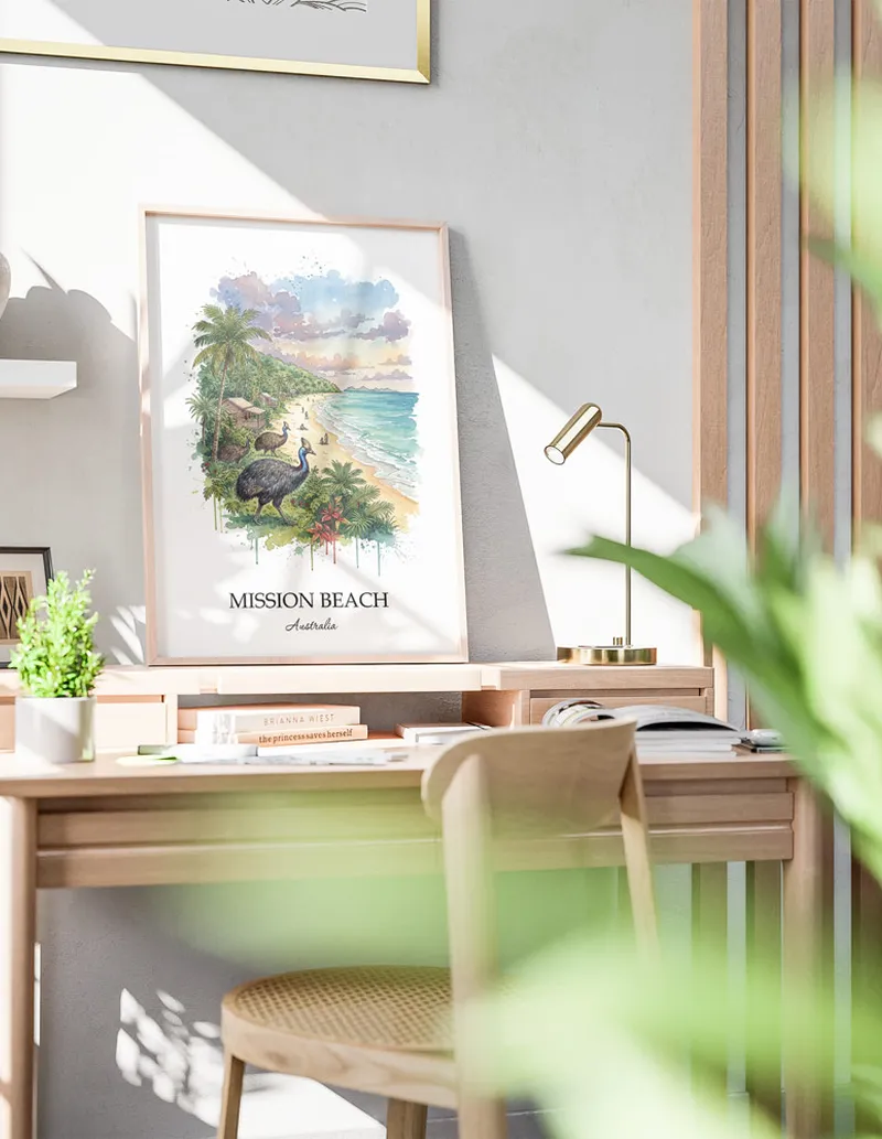 Minimalist poster of Mission Beach in Australia in a light frame standing by a window in a boho style room.