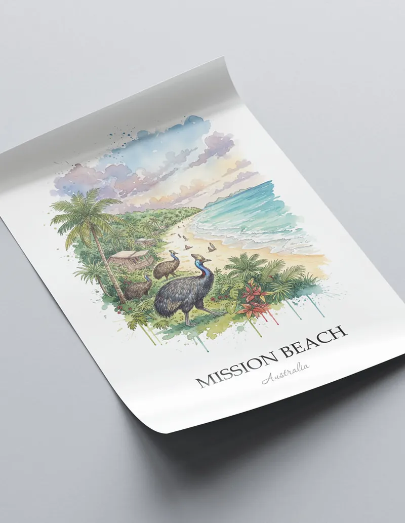 Vintage travel poster of Mission Beach, Australia in a light frame displayed above a sofa in a bright boho interior.