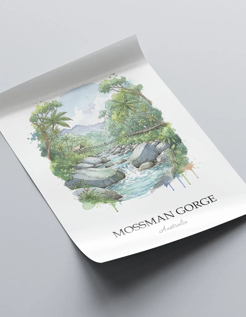 Vintage travel poster of Mossman Gorge, Australia in a light frame displayed above a sofa in a bright boho interior.