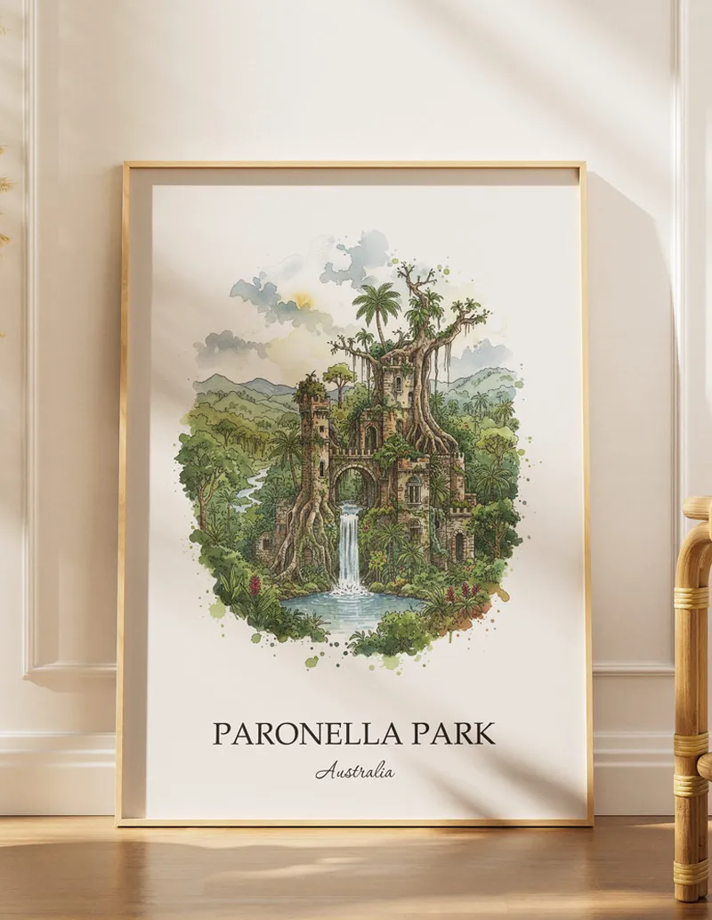 A gorgeous boho-inspired living space with a framed vintage travel poster of Paronella Park in Australia on display.