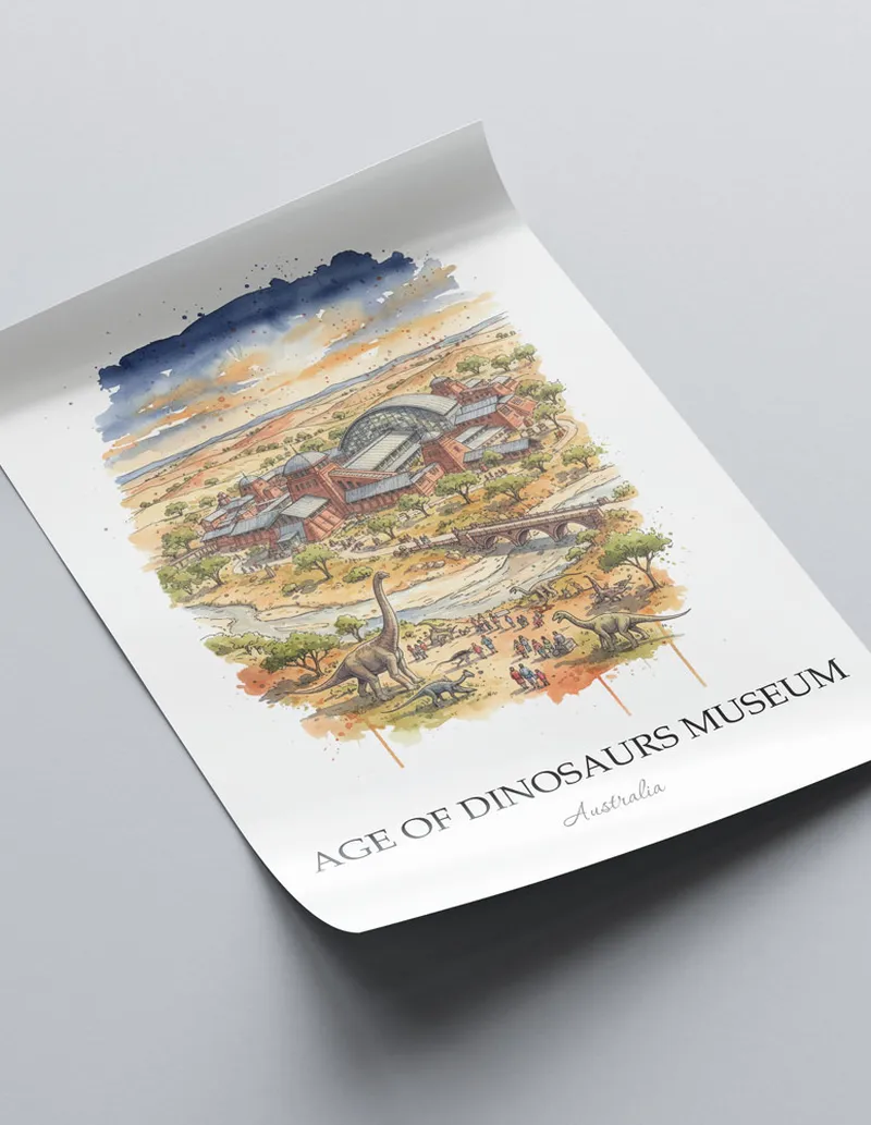 Vintage travel poster of Age of Dinosaurs Museum, Australia in a light frame displayed above a sofa in a bright boho interior.