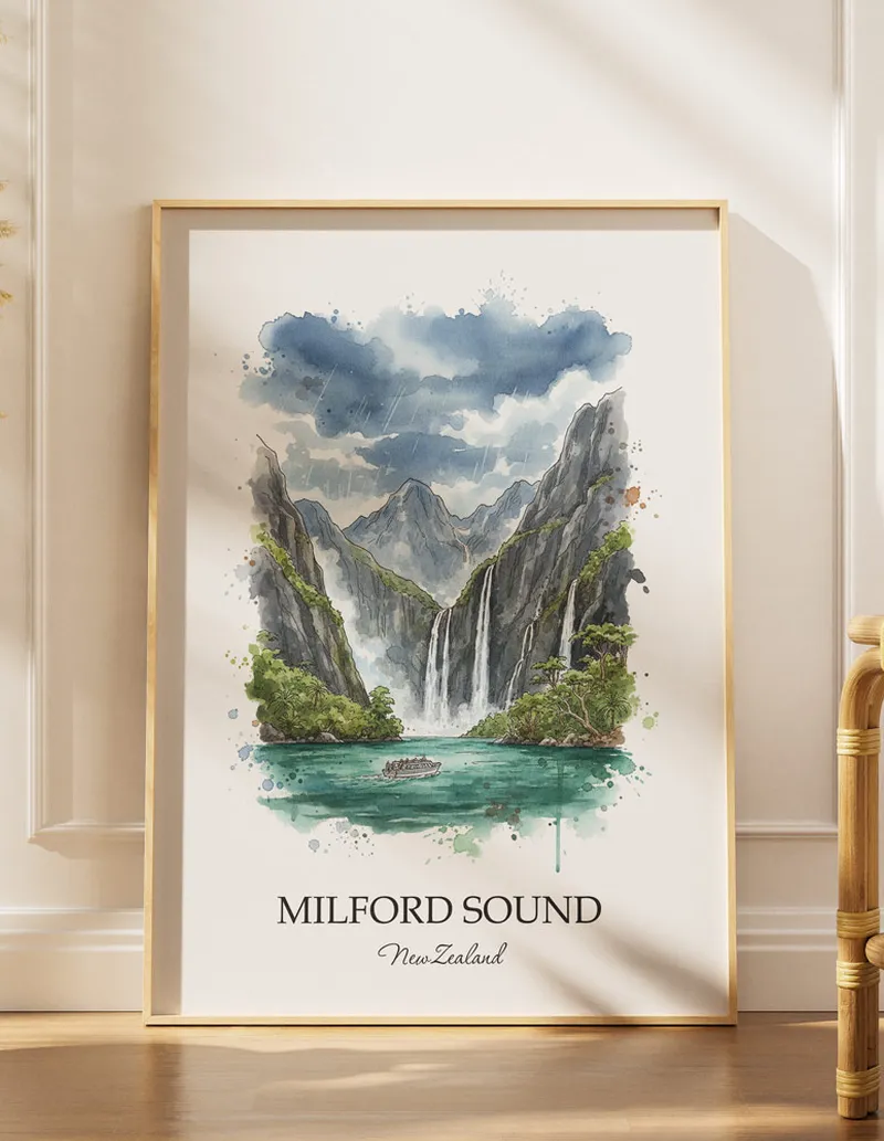 A gorgeous boho-inspired living space with a framed vintage travel poster of Milford Sound in New Zealand on display.