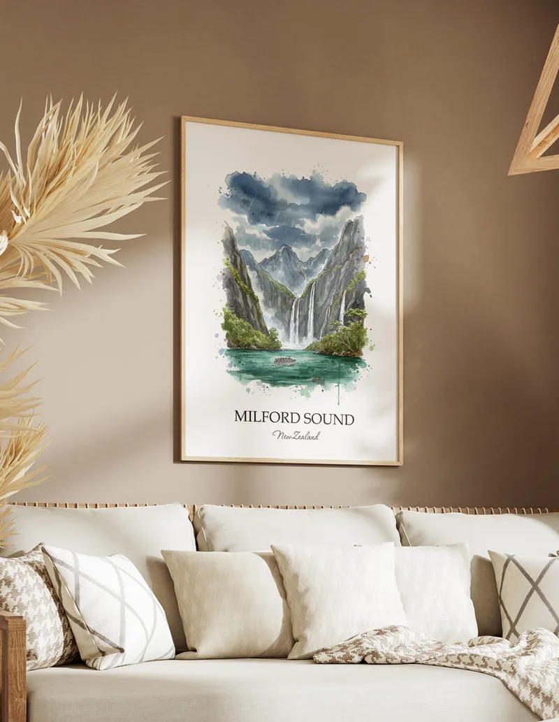 Minimalist poster of Milford Sound in New Zealand in a light frame standing on the floor in a dark moody interior.