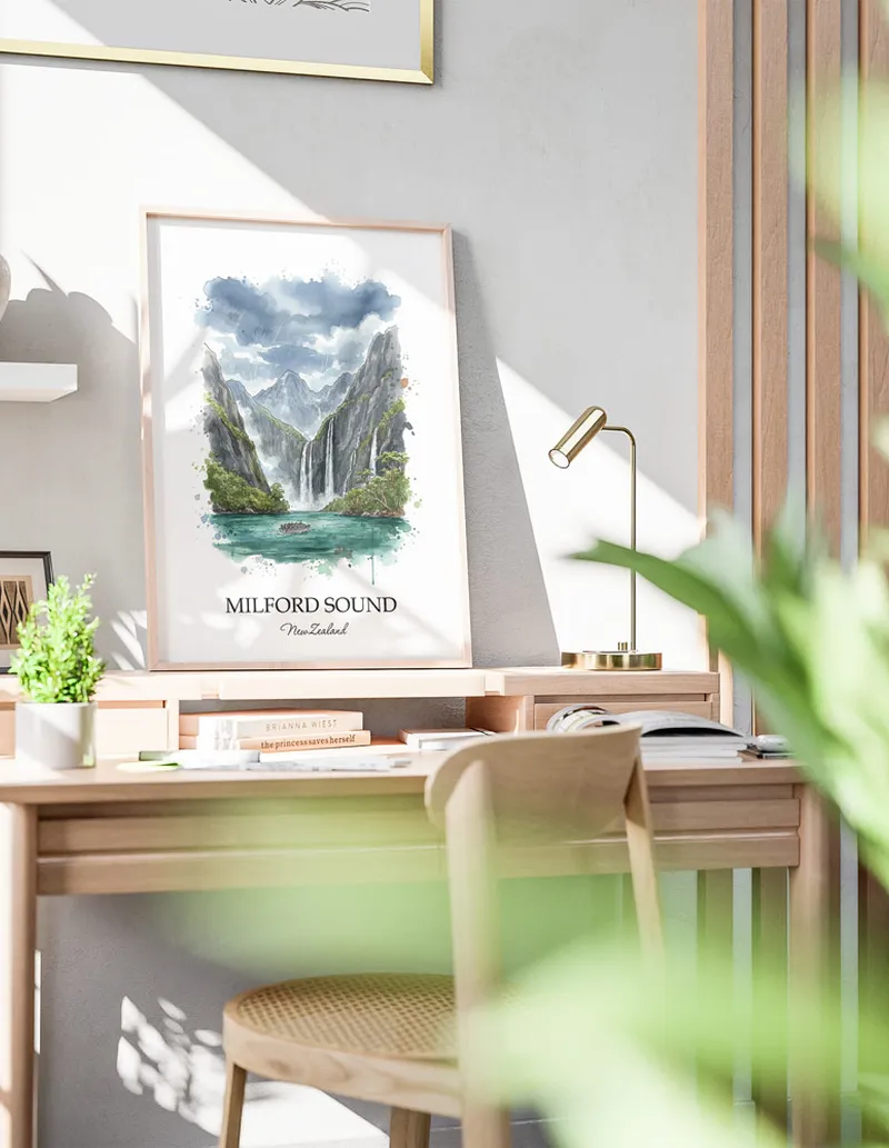 Minimalist poster of Milford Sound in New Zealand in a light frame standing by a window in a boho style room.