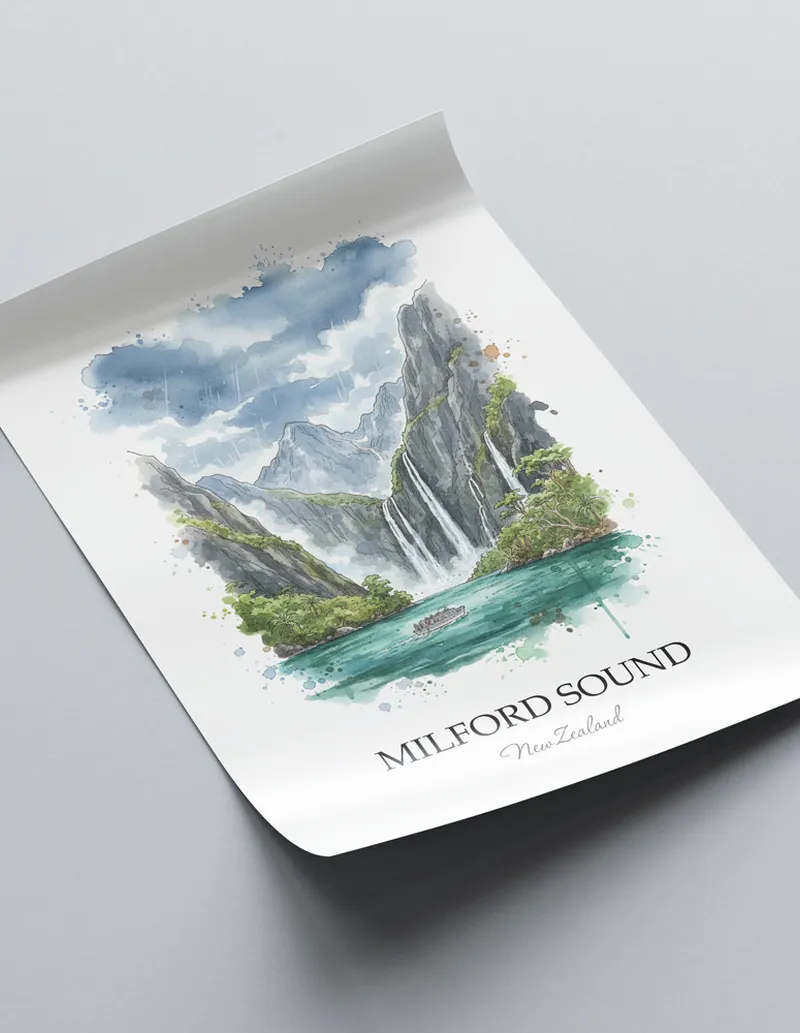 Vintage travel poster of Milford Sound, New Zealand in a light frame displayed above a sofa in a bright boho interior.