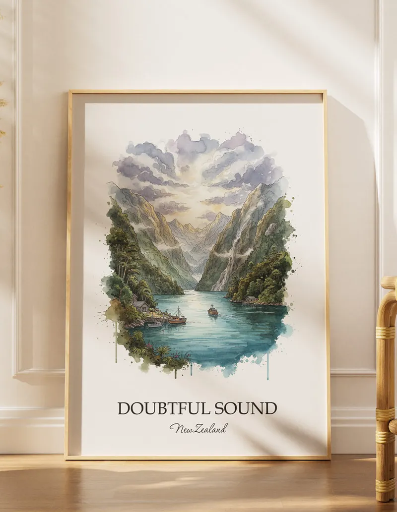 A gorgeous boho-inspired living space with a framed vintage travel poster of Doubtful Sound in New Zealand on display.