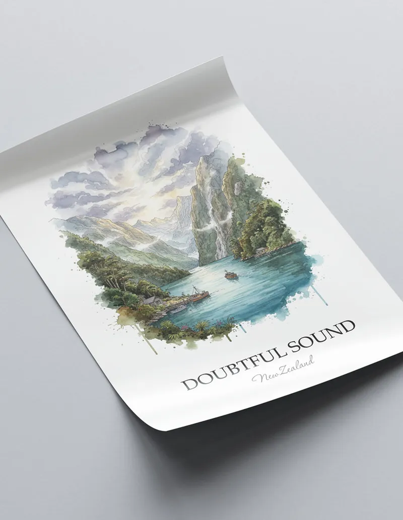 Vintage travel poster of Doubtful Sound, New Zealand in a light frame displayed above a sofa in a bright boho interior.