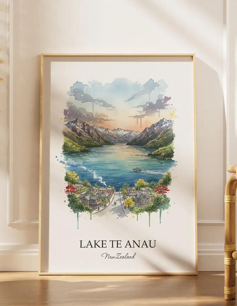 A gorgeous boho-inspired living space with a framed vintage travel poster of Lake Te Anau in New Zealand on display.