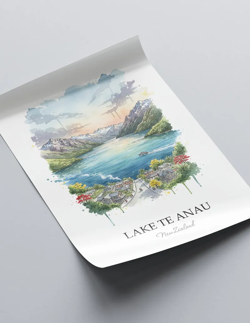 Vintage travel poster of Lake Te Anau, New Zealand in a light frame displayed above a sofa in a bright boho interior.
