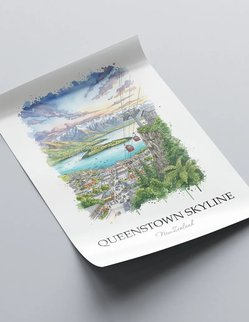 Vintage travel poster of Queenstown Skyline, New Zealand in a light frame displayed above a sofa in a bright boho interior.