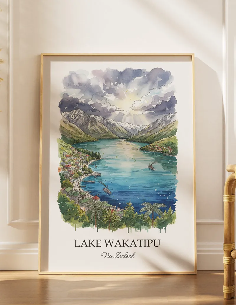 A gorgeous boho-inspired living space with a framed vintage travel poster of Lake Wakatipu in New Zealand on display.