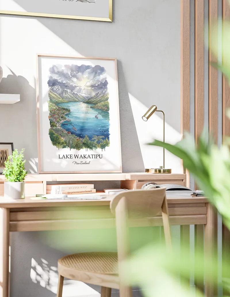 Minimalist poster of Lake Wakatipu in New Zealand in a light frame standing by a window in a boho style room.
