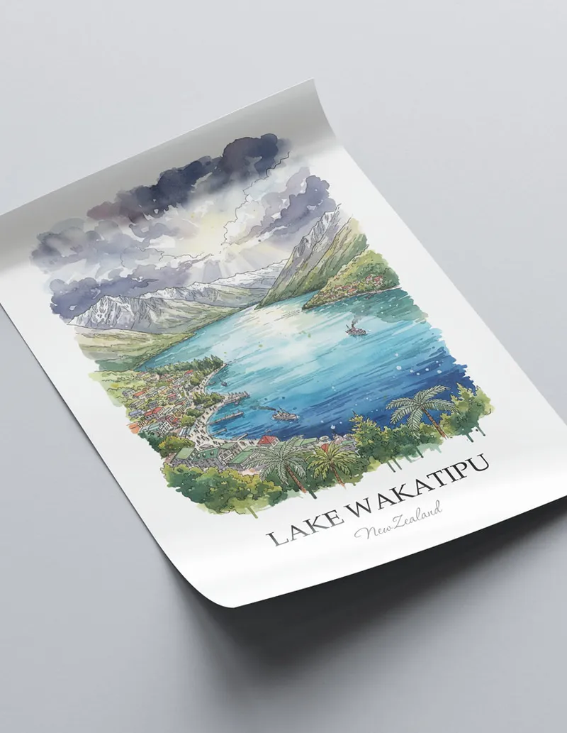 Vintage travel poster of Lake Wakatipu, New Zealand in a light frame displayed above a sofa in a bright boho interior.