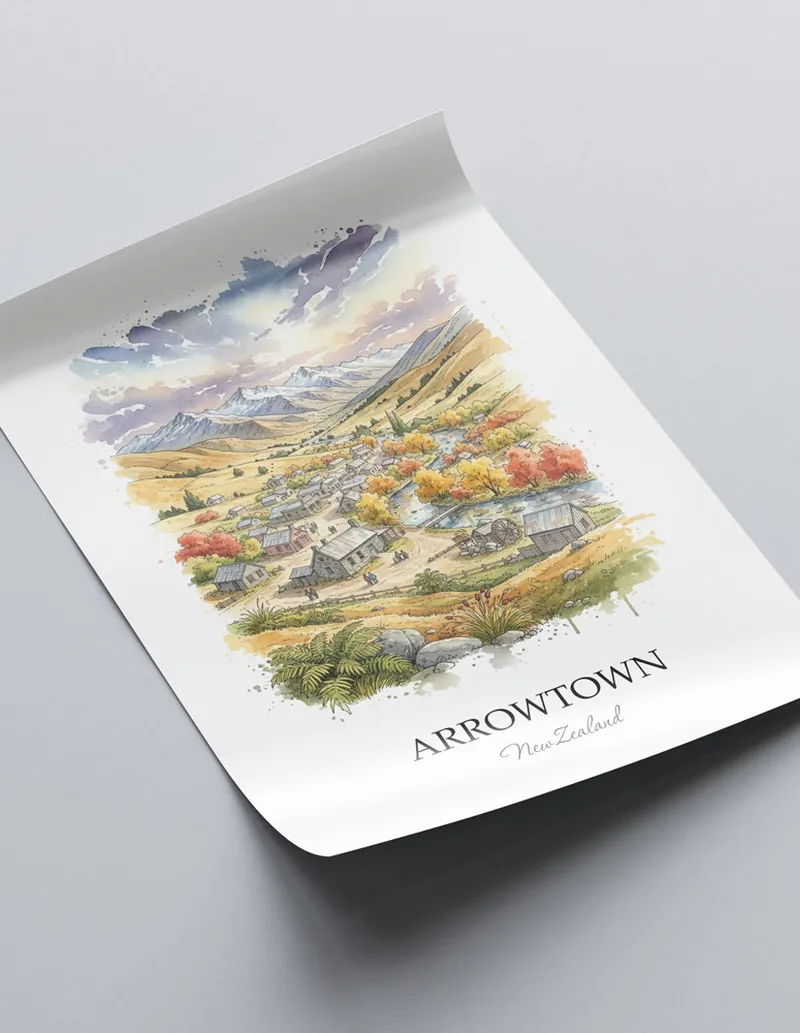 Vintage travel poster of Arrowtown, New Zealand in a light frame displayed above a sofa in a bright boho interior.