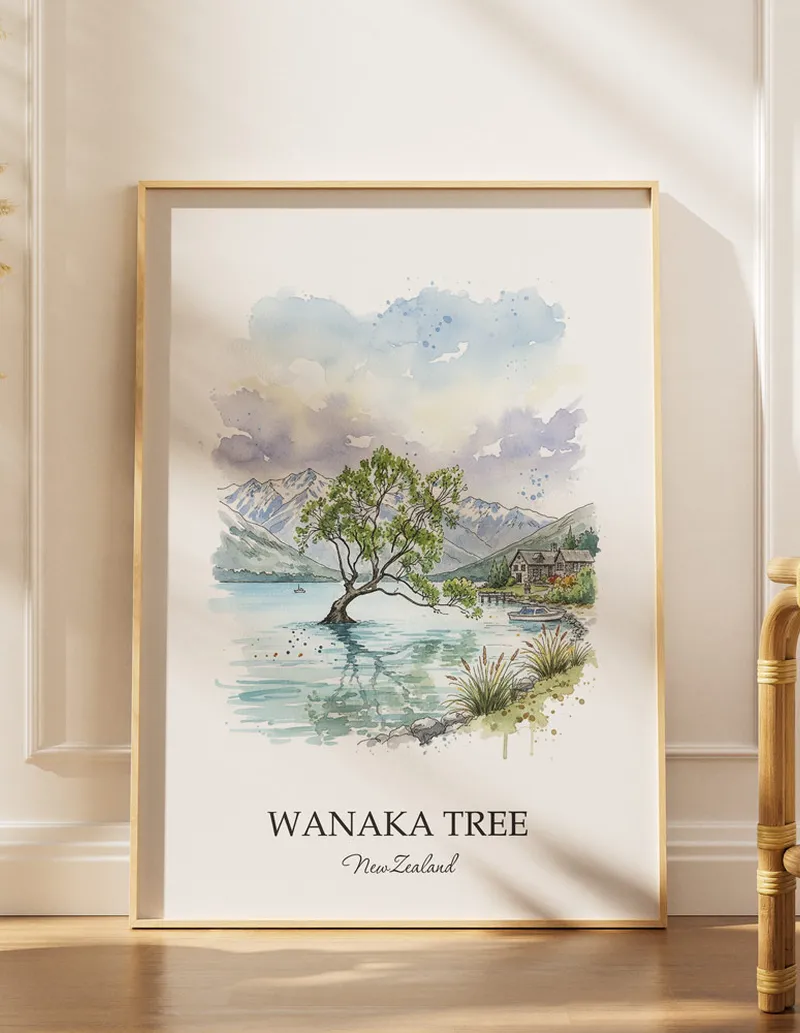 A gorgeous boho-inspired living space with a framed vintage travel poster of Wanaka Tree in New Zealand on display.