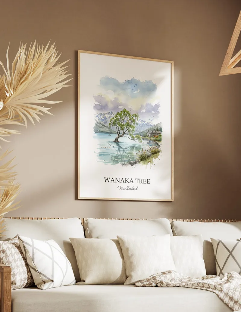 Minimalist poster of Wanaka Tree in New Zealand in a light frame standing on the floor in a dark moody interior.