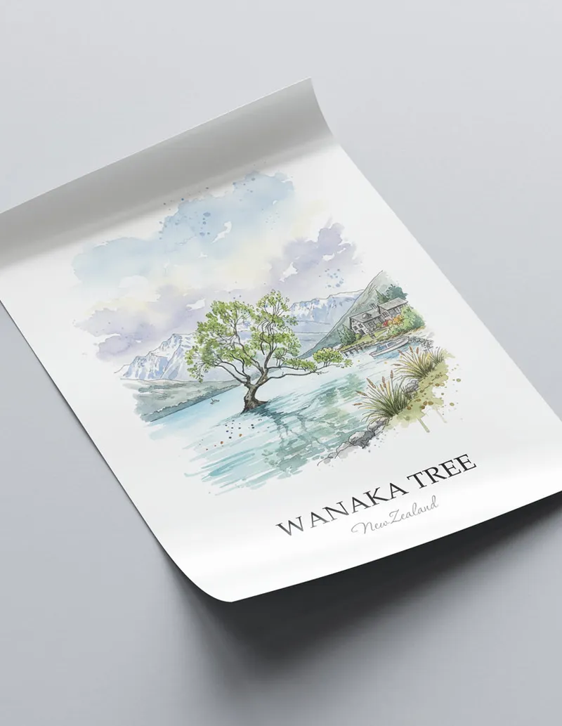 Vintage travel poster of Wanaka Tree, New Zealand in a light frame displayed above a sofa in a bright boho interior.