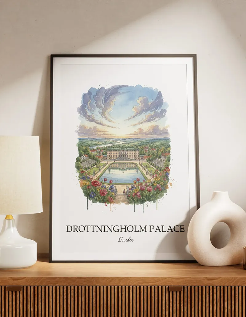 A lovely interior preview showcasing a vintage-vibe travel poster design of the scenic Drottningholm Palace in Sweden.