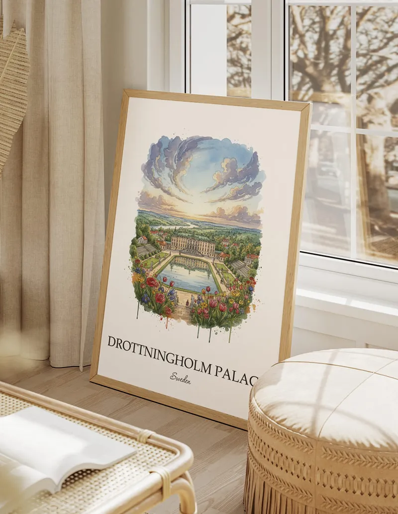Minimalist poster of Drottningholm Palace in Sweden in a light frame standing by a window in a boho style room.