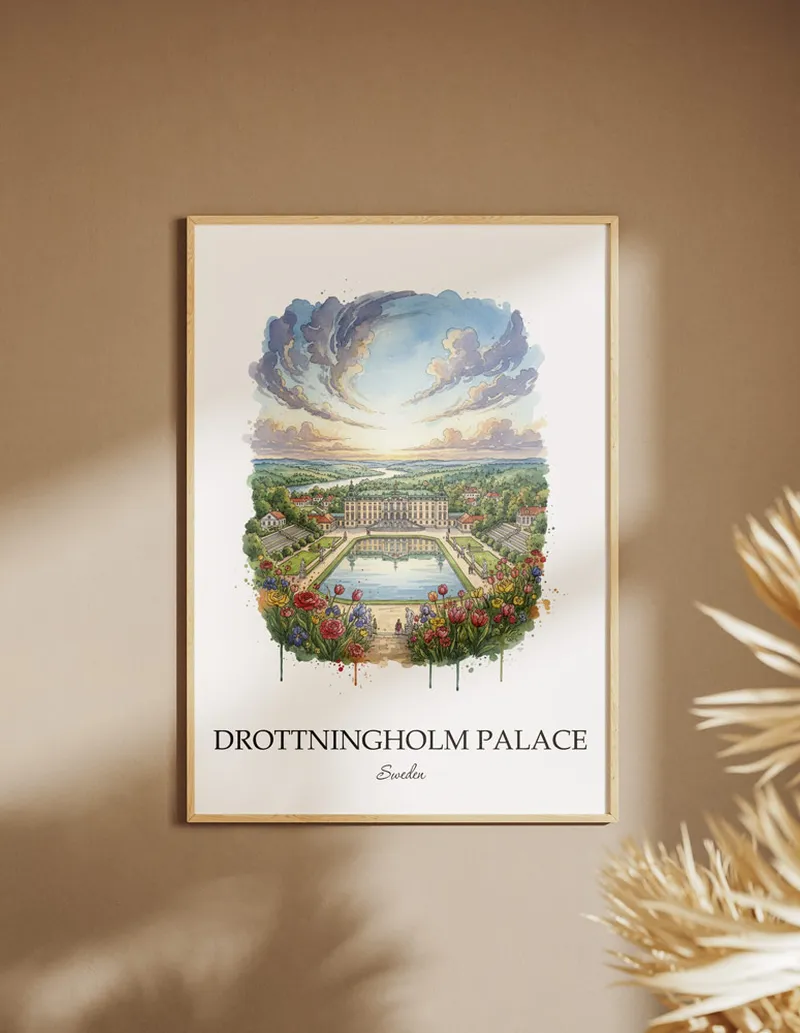 A clean and modern mockup showing a framed Drottningholm Palace, Sweden print on a minimalist background.